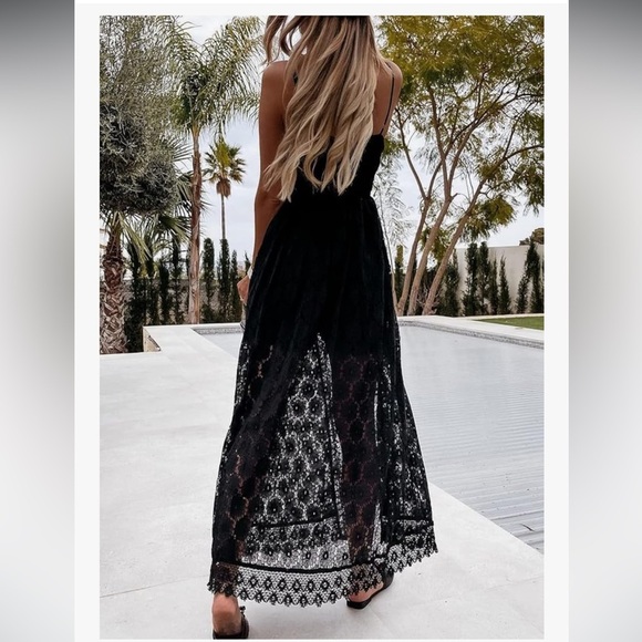Cupshe Black Maxi Overlay Romper Lace Dress V-Neck Spaghetti Strap Size M - Picture 3 of 17
